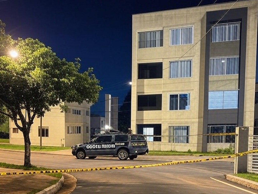 Viatura da polícia em frente a prédio de apartamentos no Guará II, cena de crime com fita de isolamento, após filho matar mãe a facadas e ser preso.