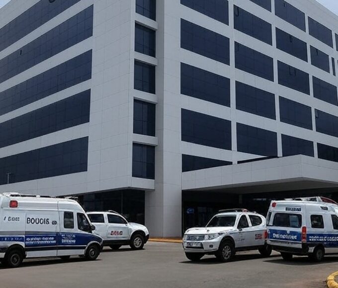 Fachada do Hospital Anchieta em Brasília com viaturas policiais, representando denúncias de mortes suspeitas após prisões por injeções irregulares.