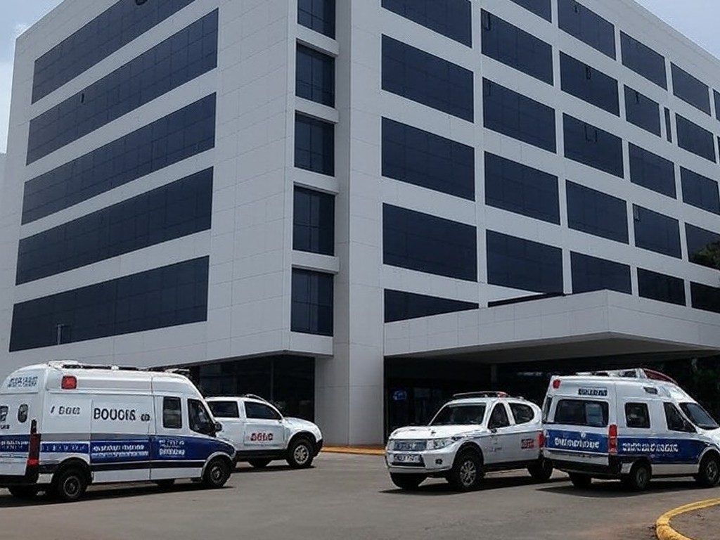Fachada do Hospital Anchieta em Brasília com viaturas policiais, representando denúncias de mortes suspeitas após prisões por injeções irregulares.