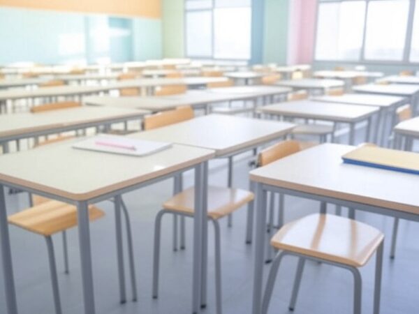 Materiais escolares como cadernos e lápis em mesa de sala de aula em Brasília, representando o Cartão Material Escolar do GDF para alunos.