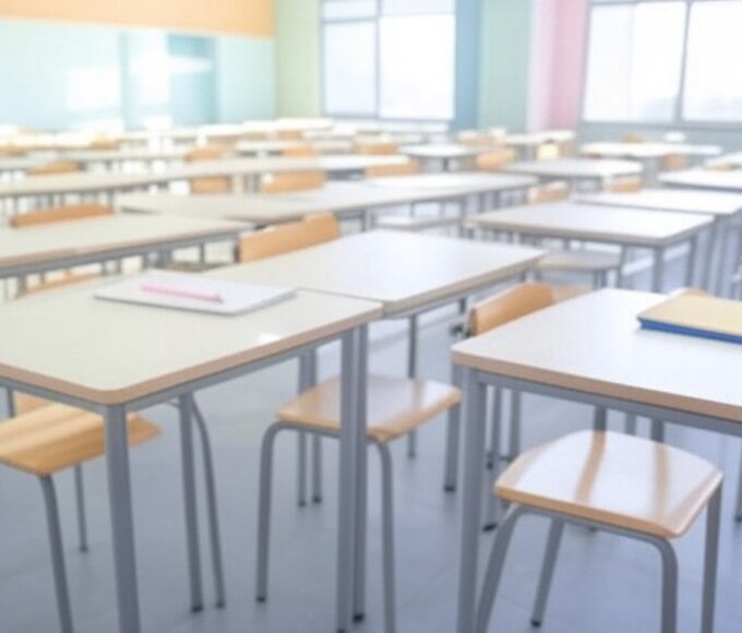 Materiais escolares como cadernos e lápis em mesa de sala de aula em Brasília, representando o Cartão Material Escolar do GDF para alunos.