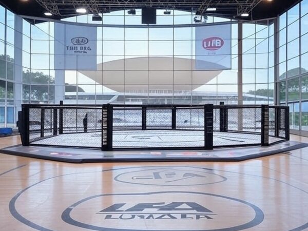 Arena de MMA da LFA em Brasília, com octógono e arquitetura icônica ao fundo, representando anúncio de apoio do governador Ibaneis Rocha.