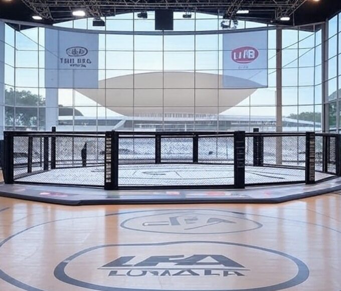 Arena de MMA da LFA em Brasília, com octógono e arquitetura icônica ao fundo, representando anúncio de apoio do governador Ibaneis Rocha.