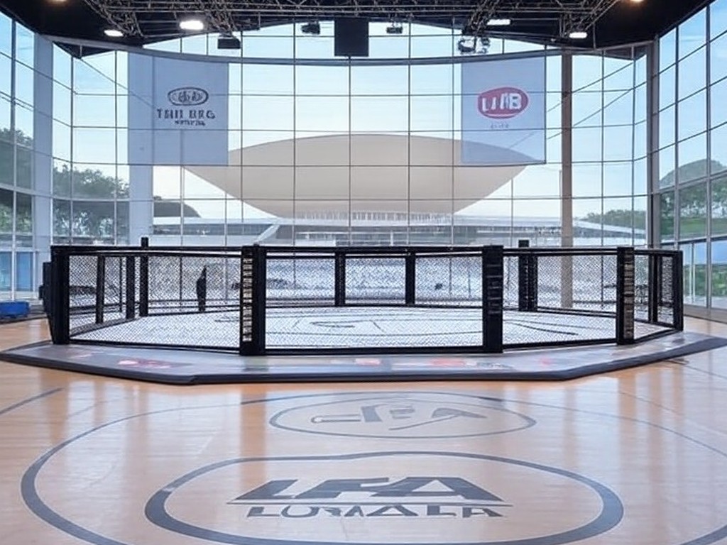 Arena de MMA da LFA em Brasília, com octógono e arquitetura icônica ao fundo, representando anúncio de apoio do governador Ibaneis Rocha.