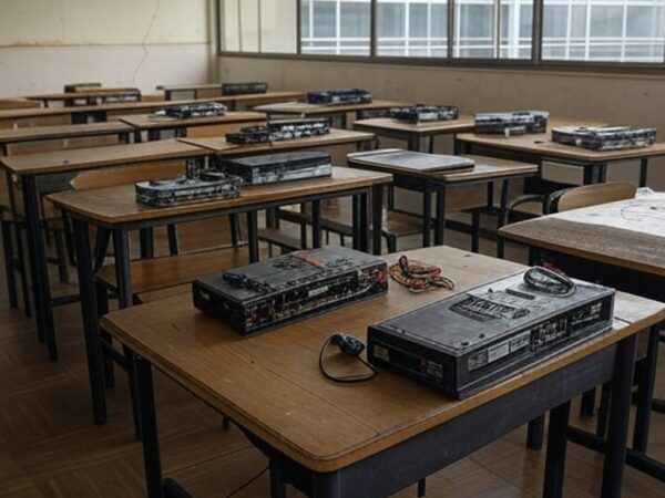 Sala de aula deteriorada em escola de Brasília com kits de robótica, destacando crise educacional.