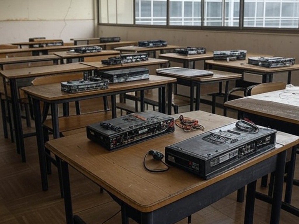 Sala de aula deteriorada em escola de Brasília com kits de robótica, destacando crise educacional.