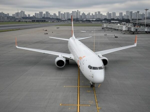 Avião da Gol estacionado em aeroporto brasileiro, em homenagem à memória de Constantino Junior, fundador falecido aos 57 anos vítima de câncer.