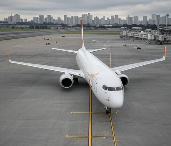 Avião da Gol estacionado em aeroporto brasileiro, em homenagem à memória de Constantino Junior, fundador falecido aos 57 anos vítima de câncer.