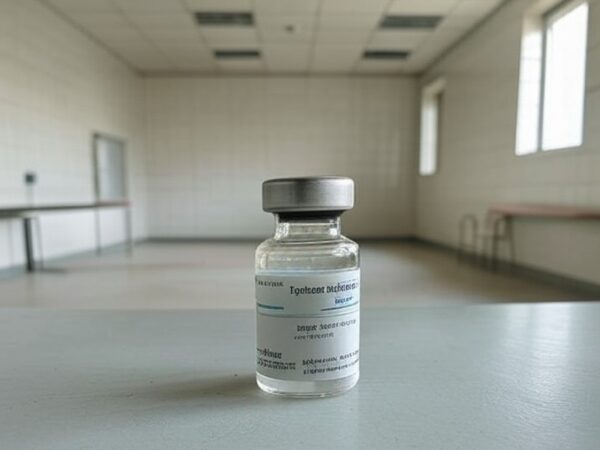 Frasco de vacina contra Covid-19 abandonado em posto de saúde brasileiro, simbolizando negligência vacinal e mortes em 2025.