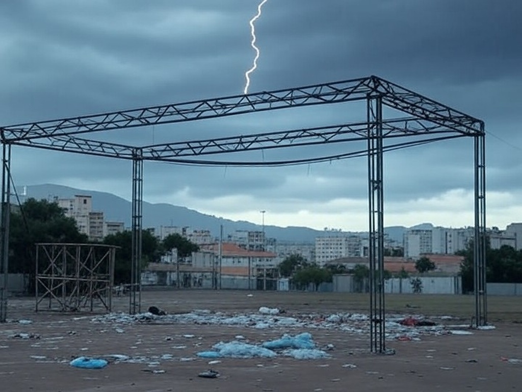 Estrutura atingida por raio em ato político em Belo Horizonte, causando pânico, com céu tempestuoso e arquitetura urbana mineira.