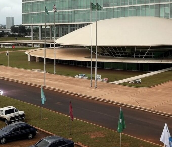 Hospital em Brasília com marcas de raio em área de manifestação, representando visita a vítimas.
