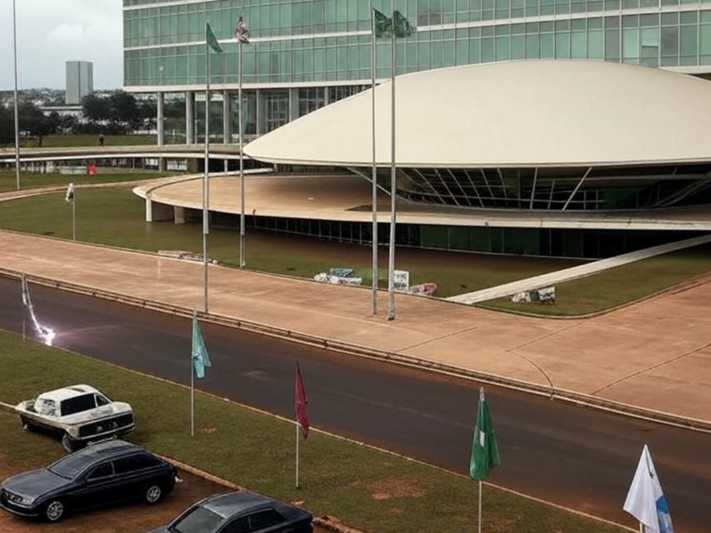 Hospital em Brasília com marcas de raio em área de manifestação, representando visita a vítimas.