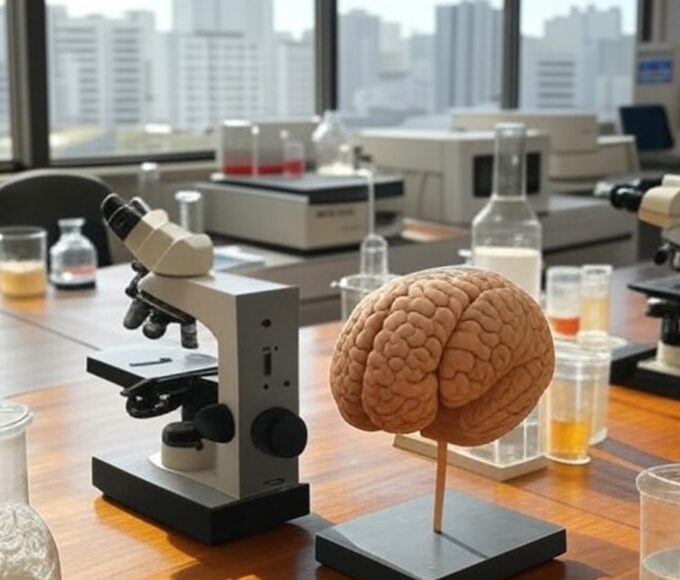 Laboratório brasileiro de pesquisa com amostras de tumores e modelo de cérebro, representando estudo sobre Alzheimer e dilemas éticos.