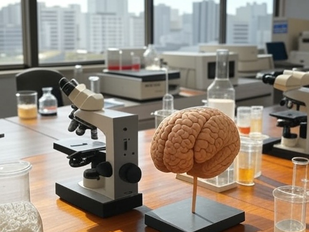Laboratório brasileiro de pesquisa com amostras de tumores e modelo de cérebro, representando estudo sobre Alzheimer e dilemas éticos.