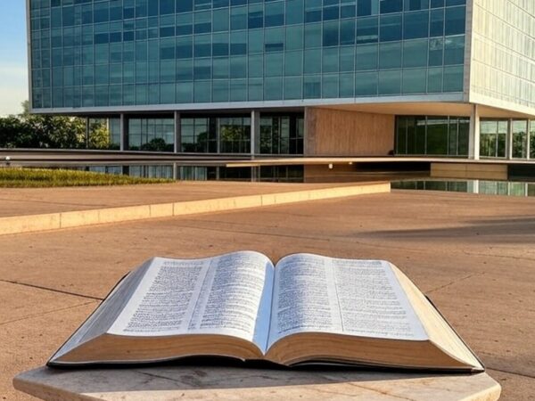 Bíblia aberta como patrimônio cultural em Brasília, com Congresso Nacional ao fundo, ignorando laicidade pela CLDF.