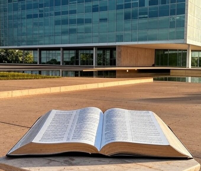 Bíblia aberta como patrimônio cultural em Brasília, com Congresso Nacional ao fundo, ignorando laicidade pela CLDF.