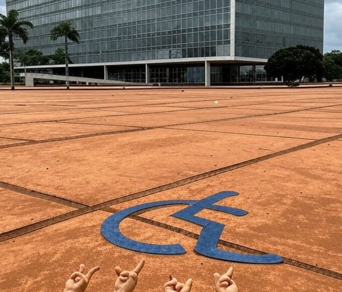 Edifício da CLDF em Brasília com placa rachada simbolizando negligência à comunidade surda e reconhecimento atrasado da Libras.