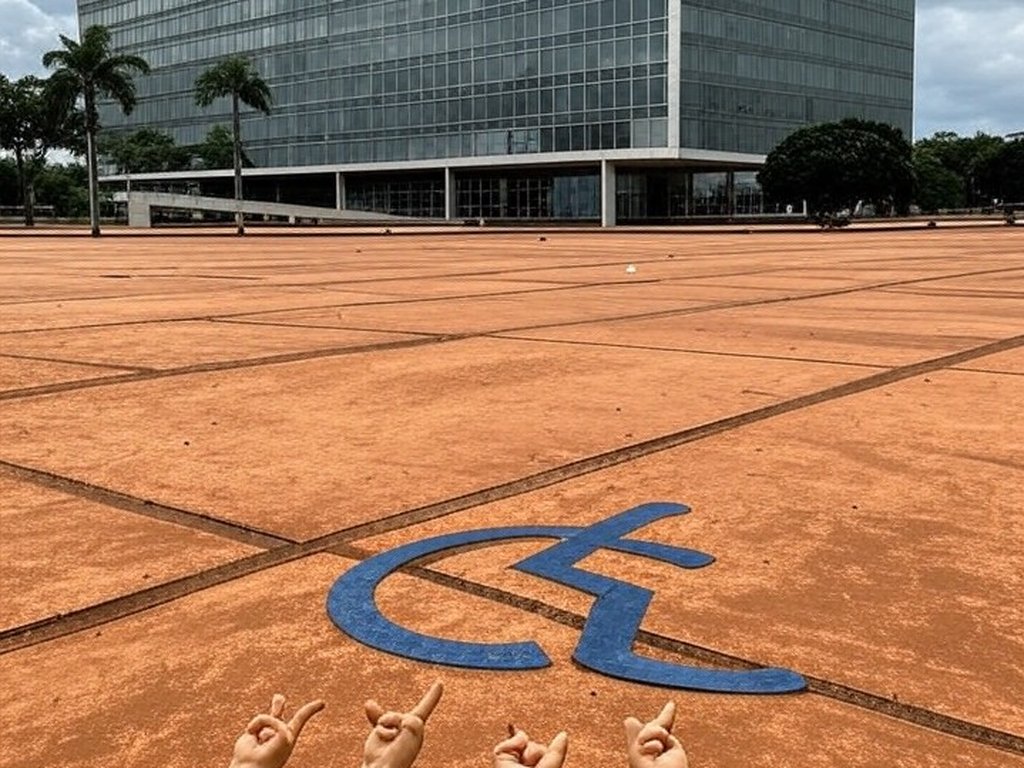 Edifício da CLDF em Brasília com placa rachada simbolizando negligência à comunidade surda e reconhecimento atrasado da Libras.