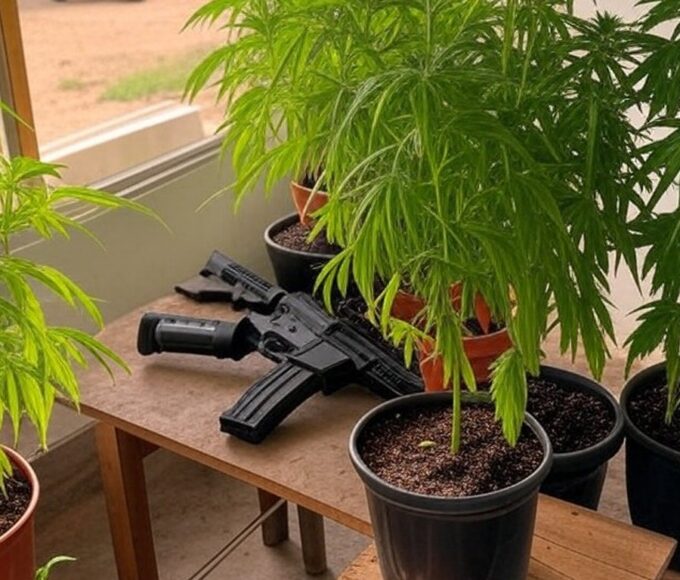 Plantas de cannabis e simulacro de arma apreendidos pela polícia em operação em Itapoã, Distrito Federal.