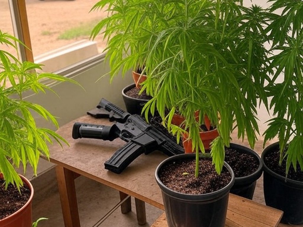 Plantas de cannabis e simulacro de arma apreendidos pela polícia em operação em Itapoã, Distrito Federal.