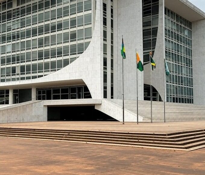 Edifício do Tribunal de Justiça no Brasil com bandeiras a meio mastro em luto pela morte de desembargador.