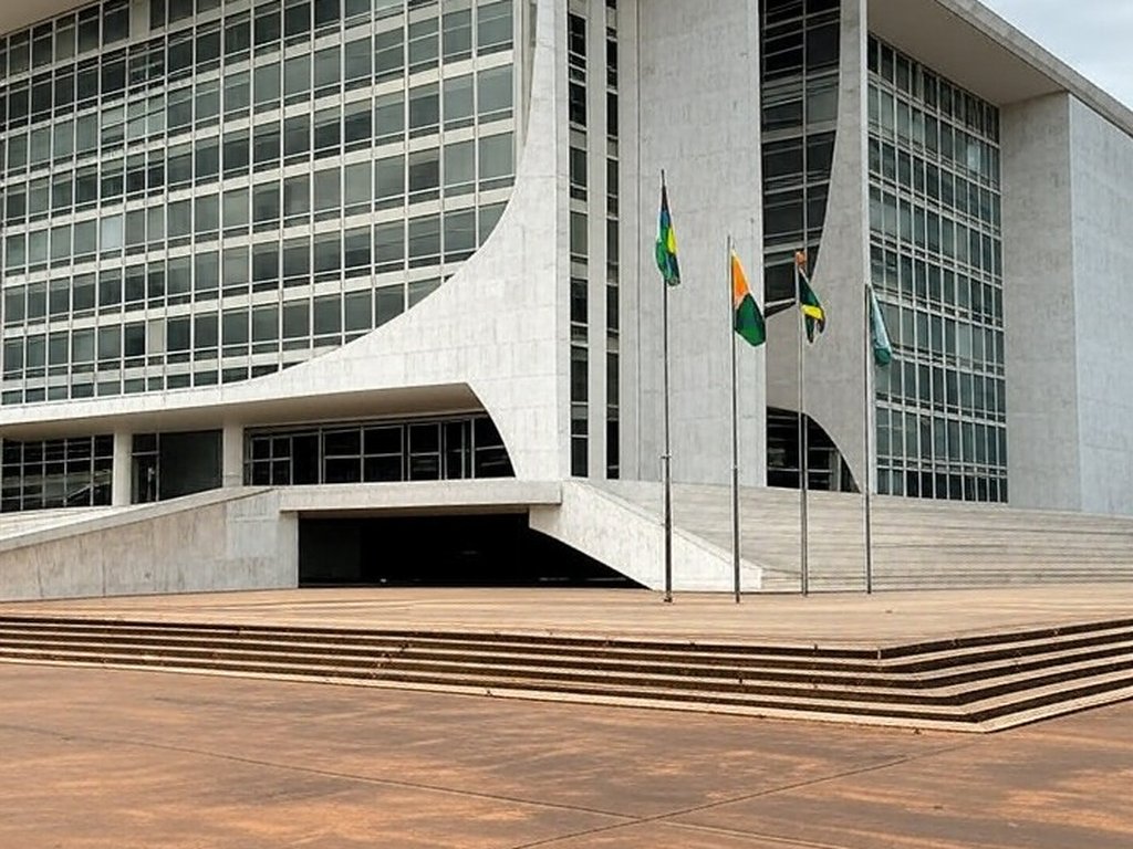 Edifício do Tribunal de Justiça no Brasil com bandeiras a meio mastro em luto pela morte de desembargador.