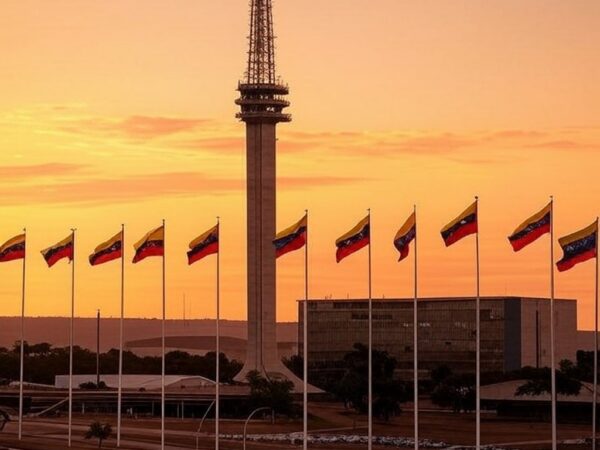 Torre de TV em Brasília com bandeiras venezuelanas, celebrando exilados pela prisão de Maduro.