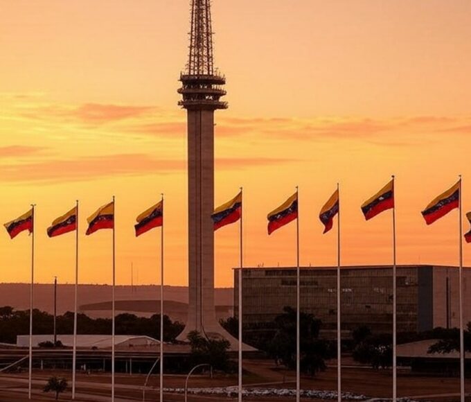 Torre de TV em Brasília com bandeiras venezuelanas, celebrando exilados pela prisão de Maduro.