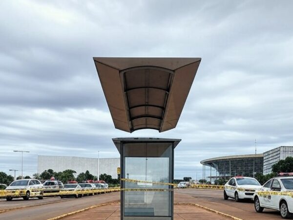 Parada de ônibus isolada com fita policial no Distrito Federal, cena de investigação sem pessoas, arquitetura de Brasília ao fundo.