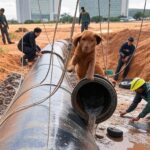 Equipamentos de bombeiros brasileiros ao redor de tubulação em Brasília, resgatando filhote de cachorro no Distrito Federal.