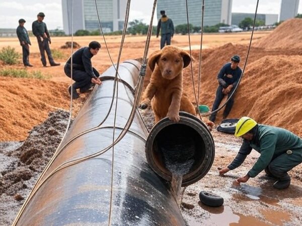 Equipamentos de bombeiros brasileiros ao redor de tubulação em Brasília, resgatando filhote de cachorro no Distrito Federal.