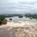 Reservatório do Descoberto transbordando, com riscos de inundações e falhas no DF.