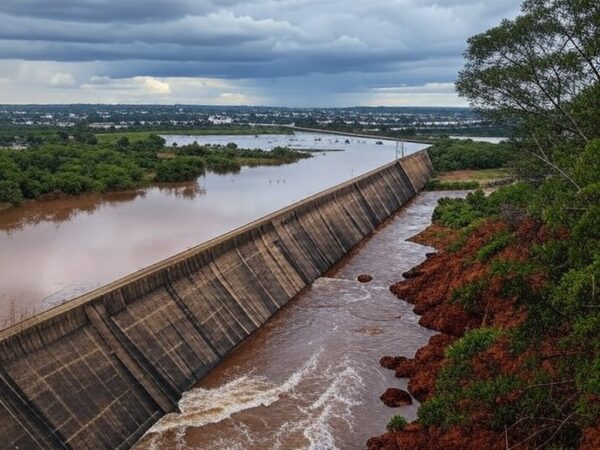 Transbordamento do Reservatório do Descoberto com águas inundando áreas no DF, expondo riscos de inundações.