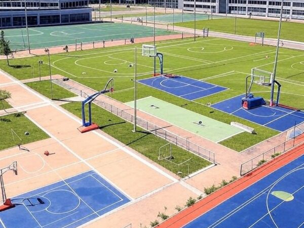 Complexo esportivo em Brasília com quadras e campos para diversos esportes, representando vagas gratuitas na Vila dos Campeões no DF.