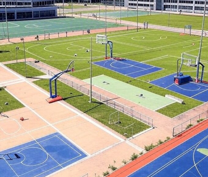 Complexo esportivo em Brasília com quadras e campos para diversos esportes, representando vagas gratuitas na Vila dos Campeões no DF.