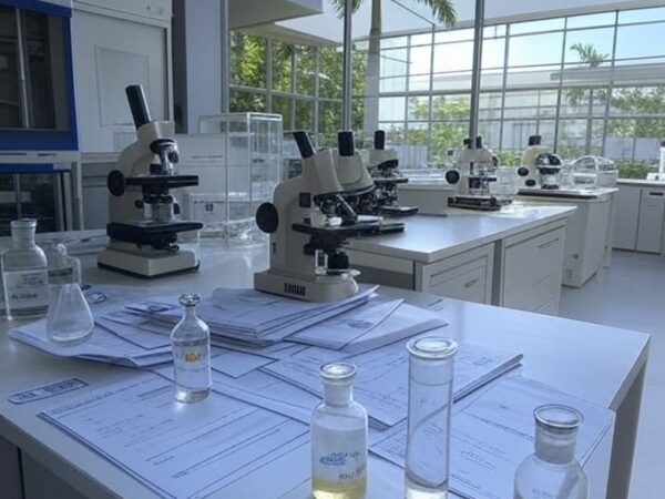 Laboratório biomédico no Brasil com equipamentos para testes de Polilaminina em lesões medulares e documentos burocráticos simbolizando entraves à inovação.