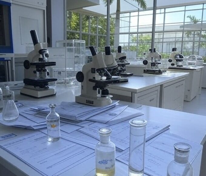 Laboratório biomédico no Brasil com equipamentos para testes de Polilaminina em lesões medulares e documentos burocráticos simbolizando entraves à inovação.