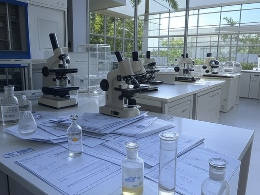 Laboratório biomédico no Brasil com equipamentos para testes de Polilaminina em lesões medulares e documentos burocráticos simbolizando entraves à inovação.