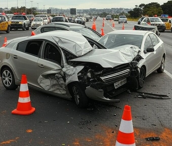 Engavetamento na EPNB em Riacho Fundo, com carros acidentados e faixas interditadas por cones e viaturas policiais.