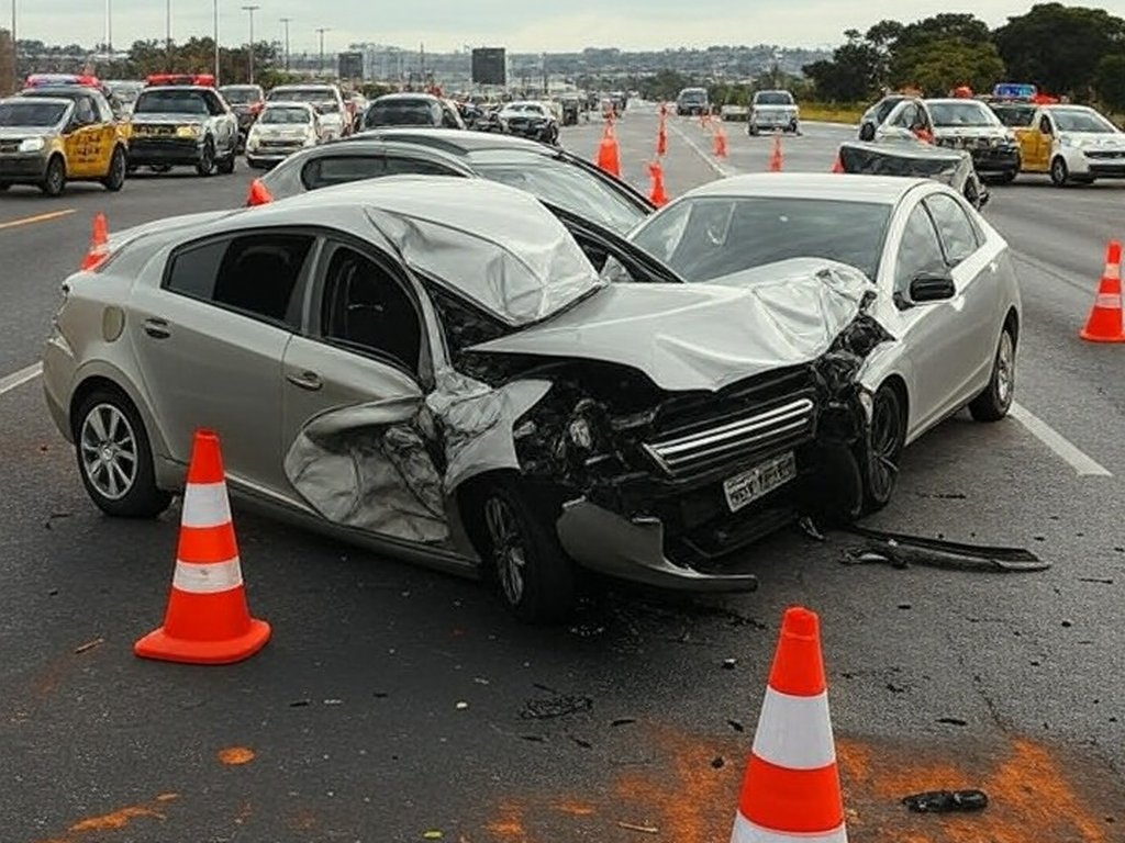 Engavetamento na EPNB em Riacho Fundo, com carros acidentados e faixas interditadas por cones e viaturas policiais.