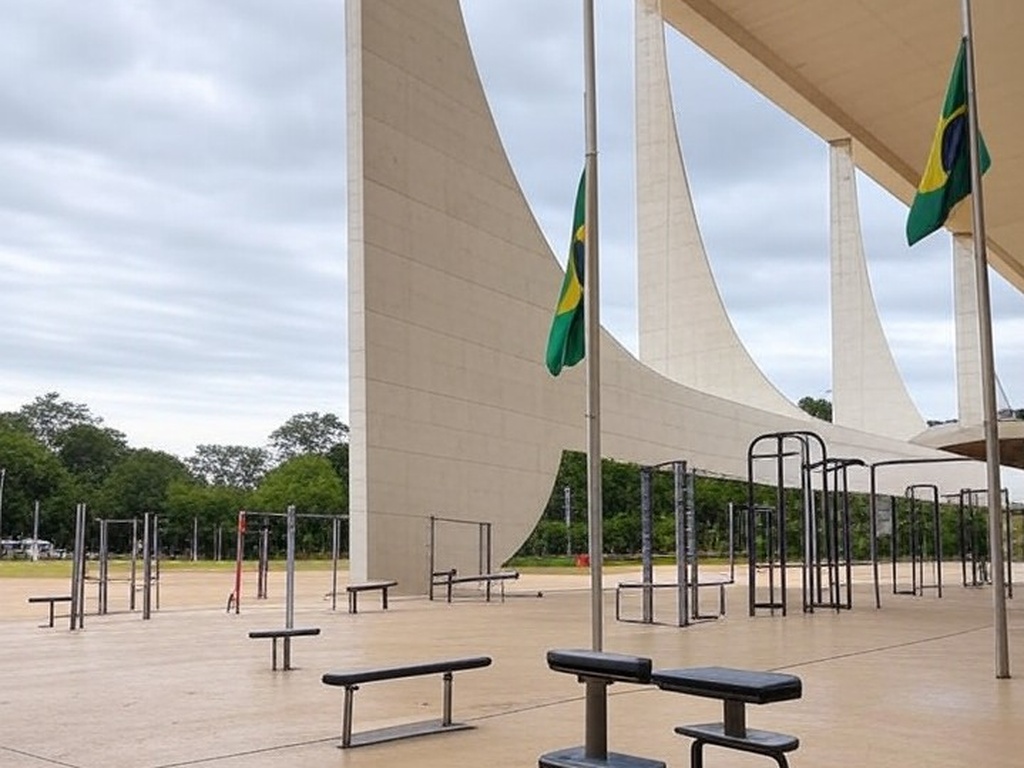 Fachada da Câmara Legislativa do DF com academia ao ar livre vazia, representando lei aprovada em meio a críticas.