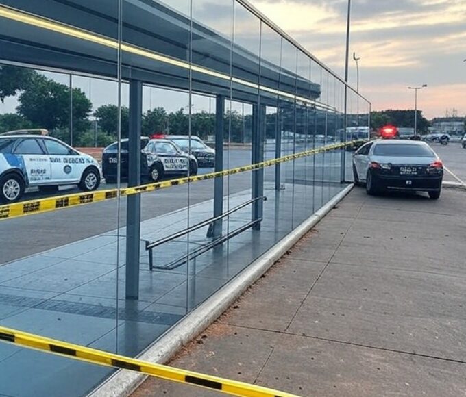 Parada de ônibus em Brasília com fita de isolamento policial e viaturas, representando cena de investigação no DF.