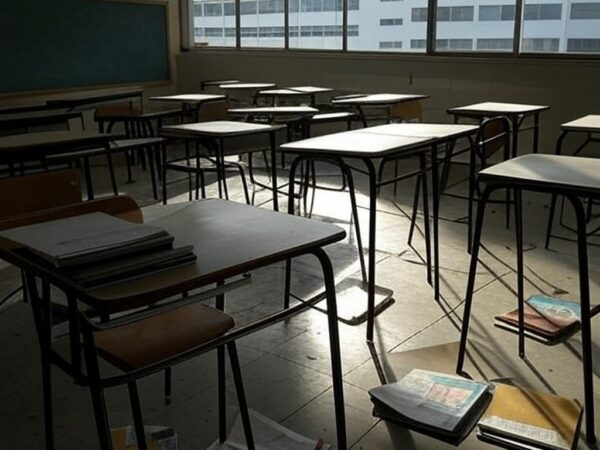 Sala de aula vazia e desorganizada em escola de Brasília, representando instabilidade educacional no DF.
