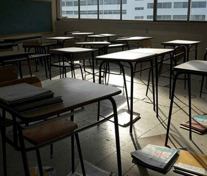 Sala de aula vazia e desorganizada em escola de Brasília, representando instabilidade educacional no DF.
