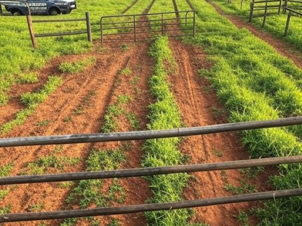 Fazenda no Distrito Federal com curral vazio e viatura da Polícia Militar, representando furto de 47 cabeças de gado.