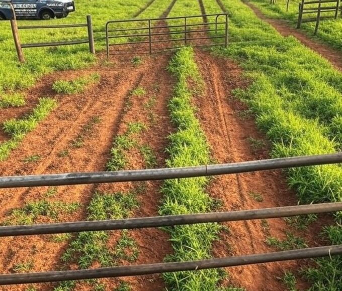 Fazenda no Distrito Federal com curral vazio e viatura da Polícia Militar, representando furto de 47 cabeças de gado.
