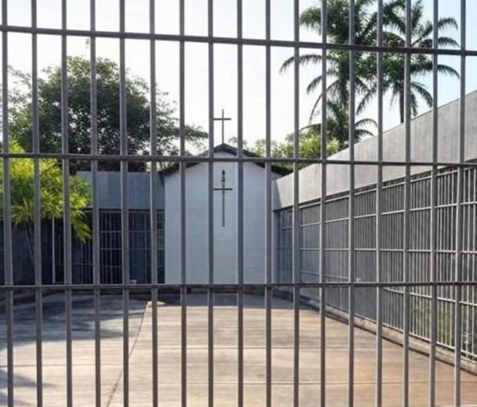 Presídio federal no Brasil com capela e cruz, representando assistência religiosa na prisão.