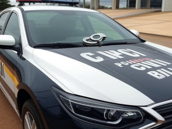 Viatura da Polícia Civil do DF em frente a delegacia, com algemas simbolizando prisão de foragido acusado de estupro.