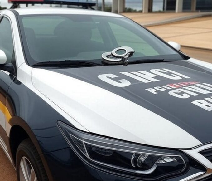 Viatura da Polícia Civil do DF em frente a delegacia, com algemas simbolizando prisão de foragido acusado de estupro.