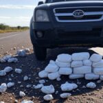 Viatura policial na divisa DF-Goiás com drogas apreendidas como crack e cocaína em cena de prisão por tráfico.